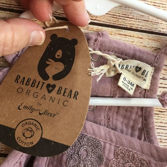 NEW WITH TAGS RABBIT +‎ BEAR BY EMILY & OLIVER ORGANIC COTTON ROMPER WITH BONNET - Picture 7 of 8